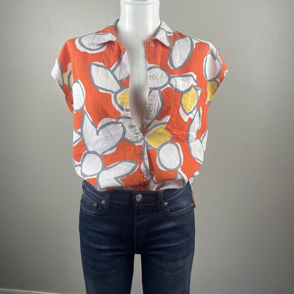 Vintage Rodier Paris Womens Orange Print Short Sleeve Blouse size 40 US 10 - Picture 7 of 9